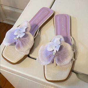 White Croc-Embossed Slide Sandals with Lavender Floral Accent